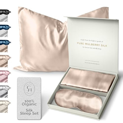 Colorado Home Co 머리카락과 피부를 위한 실크 베개 커버 - 누드 샴페인 퀸 사이즈 100% 실크 베개 커버 - 50.8x76.2cm(20x30인치) - 수면용 안대가 있는 여드름 베개 커버 - color: 누드 샴페인, size: Sleep Mask Queen Pillowcase Set