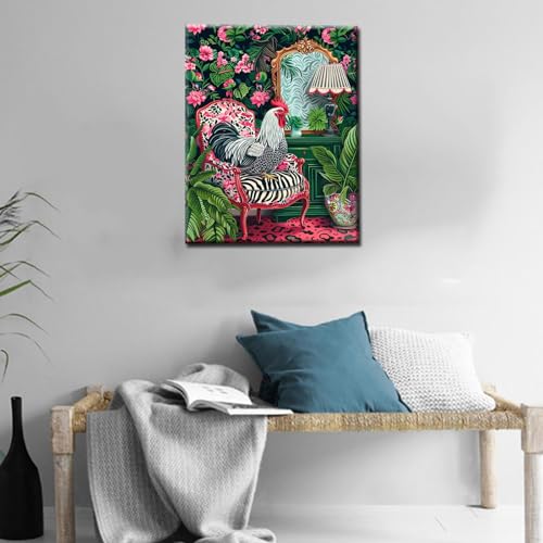 Tucocoo Chicken Sitting on Chair Paint by Number Bohemia Paint by Numbers Kit for Adult,Jungle Green Leafage Painting on Canvas for Creative Wall Art Jungle Home Decoration 16x20 Inch (DIY Framed) - color: Artwork-02, size: 16x20 Inches(DIY Frame)