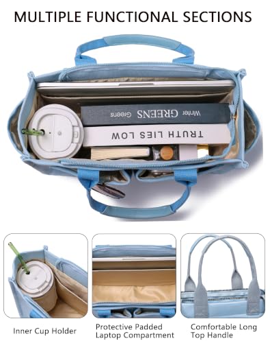 ZHMO Canvas Tote Bag for Women,Women's Bags Crossbody Bags Work Laptop Tote Bag Large Handbags Purse for Travel Nurse Teacher - color: New Upgrade Light Blue With Compartments and Side Cup Holders