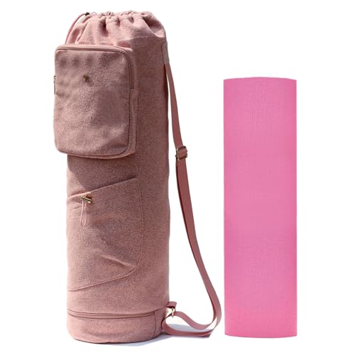 ESVAN Yoga Mat Bag with Multi Pockets Drawstring Yoga Mat Carrier Pilates Exercise Multi-Functional Storage Bag - color: Linen Pink