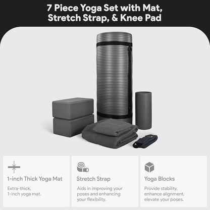 BalanceFrom 7-Piece Yoga Set with 71x24x0.5 Inches Extra Thick Mat and Carrying Sling – Includes 2 Blocks, Stretch Strap, 2 Towels, and Knee Pad for Home, Studio, and Gym Workouts - color: Gray