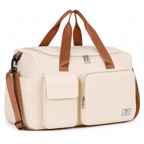 FIORETTO Women's Gym Duffle Bag with Shoes Compartment, 30L Capacity, Ideal for Travel, Gym, Sports, Duffel, Weekender - color: Beige& Brown, style: Gym Bag