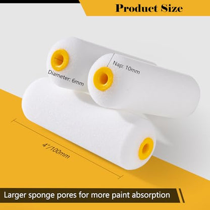 Mister Rui Mini Foam Paint Rollers, 4 Inch Paint Rollers 10 Pack | High Density Small Paint Roller Refills 4 Inch, High Absorption Sponge Paint Roller for Painting Wall, Trim, Touch-ups, Doors