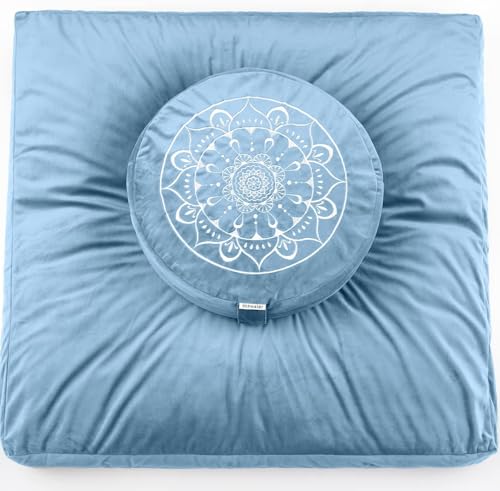 Hihealer Meditation Cushion, Traditional Tibetan Meditation Pillow Velvet Cover - Large Floor Cushion Seating for Adults - Yoga Buckwheat Bolster for Women、Moms | Buckwheat Yoga Bolster, Large Floor Cushion & Pillow for Adults, Zafu Zabuton Set, Zen Medit