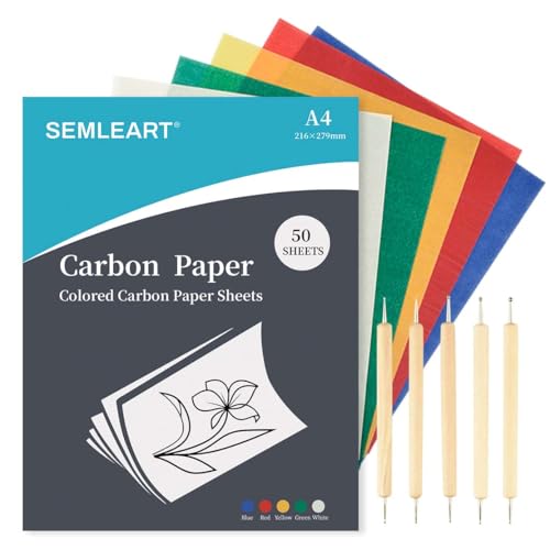 SEMLEART Carbon Transfer Paper Set, 50 Sheets in Red, Yellow, Blue, Green, White, 9x11 Inch with 5 Stylus Tools for Wood, Paper, Canvas - color: 9×11in-5-Color