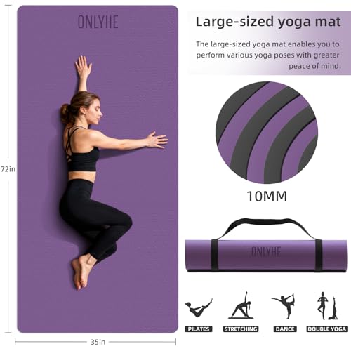 Wide Yoga Mat Thick(10mm) Exercise Mat Non Slip Anti-tear,72"x35" Extra Large Pilates Mats for Home Workouts, Gym & Floor Stretching with Carrier Strap - color: Deep purple + Black