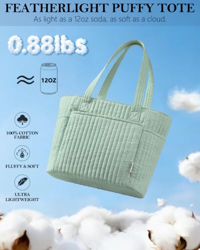 Bagstellar Quilted Tote Bag for Women Teacher Nurse Cotton Laptop Work Tote | Top Zip Closure Puffer Nursing School Travel Tote Bags with 40oz Cup Holder, Lightweight 14” Computer Shoulder Handbag Purses - color: Sage Green