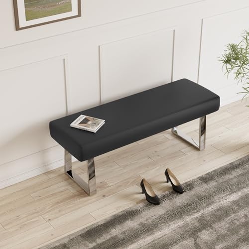 JIEXI 45.3" Indoor PU Leather Upholstered Footstool Bench with Metal Legs | Thick Cushion, Strong Silver Legs, Great for Entryway, Kitchen, Plant Stand, Bedroom Living Room Window - color: Black, size: 55 IN