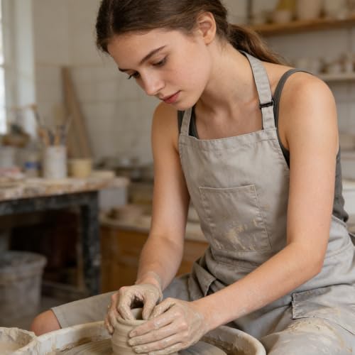 Pottery Split-Leg Make Ceramic Apron, Long Split-Leg Artist Painting Apron with 3 Pockets for Men and Women - color: Khaki