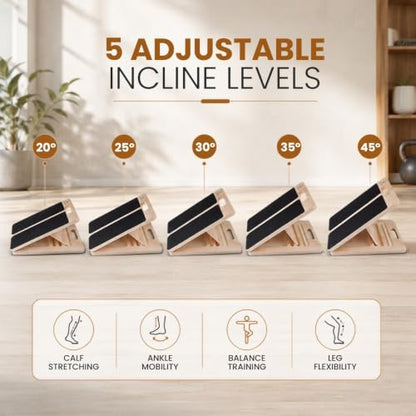 SummitCrest Wooden Slant Board for Calf Stretching, Calf Stretch Board | 5 angle adjustable incline board, 550 lbs, calf stretcher and squat wedge for squats, mobility, resistance bands included