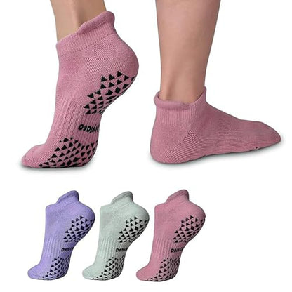 Hylaea Unisex Non Slip Socks with Grip for Yoga, Hospital, Pilates, Barre | Ankle, Cushioned - color: 3 Pairs (Pink Purple Blue), size: Large-X-Large