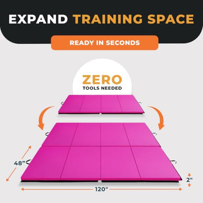 BalanceFrom 10x4 Feet 4-Panel Folding Gymnastics Mat – 2-Inch Thick Pad with Vinyl Surface and Carrying Handles for Tumbling, Yoga, Pilates, Home Workouts, and Martial Arts - color: Pink