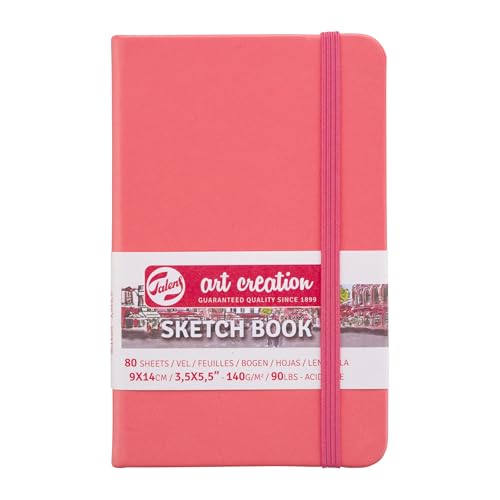 Talens Art Creation Sketchbook, Coral Red, 80 Sheets, 3.5 x 5.5 in | Hard-Bound Pocket Notebook, 140 GSM/94 lbs Paper, Acid-Free Cream Blank Paper, Ribbon Bookmark, and Elastic Closure - color: coral red, size: 9×14cm