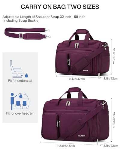 MILADA Underseat Carry On Luggage Bags for Travel Lightweight Foldable Carry On Bags for Airplanes Small Duffle Bag for Men Women TSA Approved Underseat Bag Travel Tote Bags, Purple - color: Purple, size: Underseat 16.5 inch