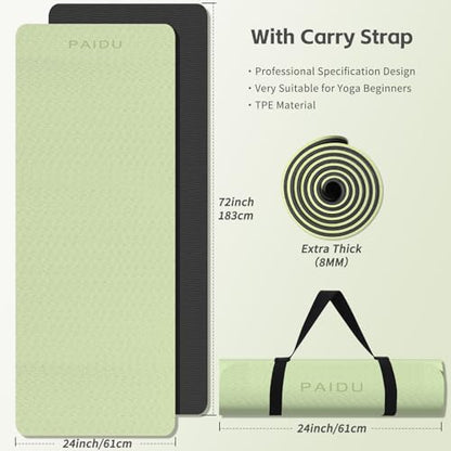 PAIDU Yoga Mat 8mm TPE Non‑Slip Fitness Mat with Strap for Home Workouts - color: 그린&블랙.