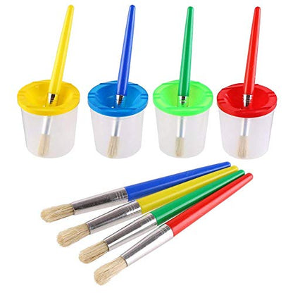 VEYLIN 4 Pcs Spill Proof Paint Cups and 4 Color Hog Bristle Paint Brushes with Handles for Kids