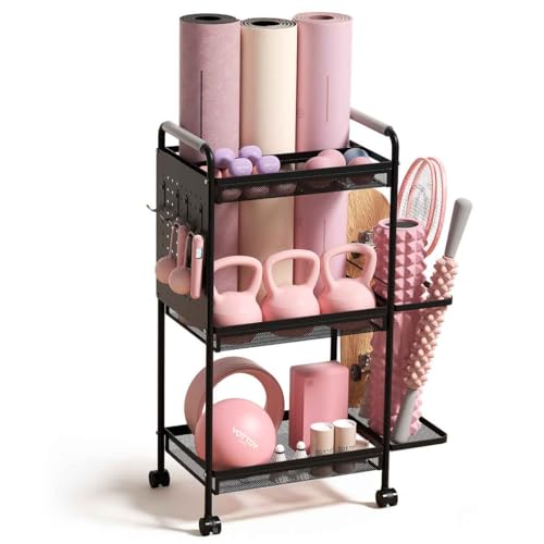 YOTTOY 3-Tier Gym Storage Rack for Home Gym–Multi-Functional Weight Rack, Dumbbell Rack, Yoga Mat Holder with Side Basket & 6 Hooks, Gym Equipment Organizer - color: Black