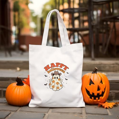 Kazova Halloween Canvas Tote Bag Cute Funny Ghost Tote Bag Cotton Reusable Grocery Shopping Beach Bag Halloween Shoulder Bag For Women Handbag - color: Ghost