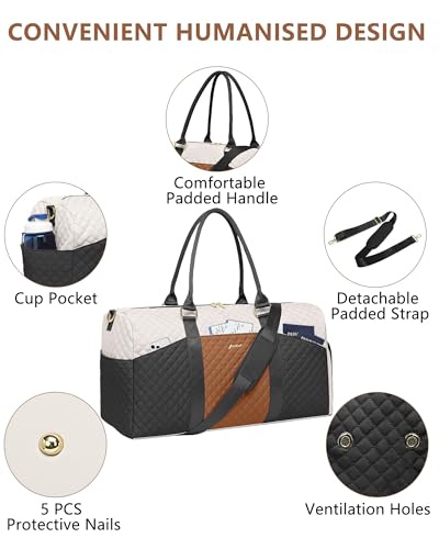 Women Weekender Travel Duffle Bag: Travel Duffel Overnight Bags with Shoe Compartment Large Carry on Tote with Toiletry Bag Weekend Traveling Yoga Gym Hospital Bag for Women with Wet Pocket - color: 10-Black Beige Brown, size: Large
