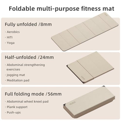 Foldable Yoga Mat Extra Thick 0.32"(8mm) | Folding Exercise Mat,Odorless POE, Non-Slip Grip, No-Curl Edges, Great for Yoga, Pilates & Home Workouts - color: Beige