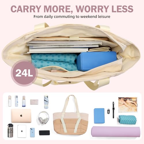 Axcone Women's Yoga Tote Bag with Luggage Sleeve & Mat Straps - Gym Work Bag for Office, Commute, Sports,Travel - color: Beige