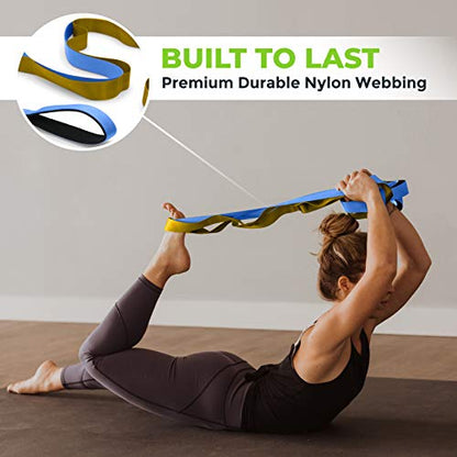Gradient Fitness Stretching Strap for Physical Therapy, 12 Multi-Loop Stretch Strap 1.5" W x 8' L, Neoprene Handles, Physical Therapy Equipment, Yoga Straps for Stretching, Leg Stretcher. - color: Blue/Gold