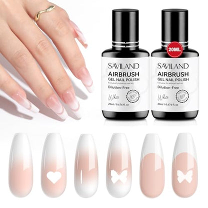 SAVILAND Dilution-Free Airbrush Gel Nail Polish White 2PCS 20ml | Non-Acetone Airbrush for Nails, Hema-Free Airbrush Paint with Fine Mist, for French & Ombre Nail Art Design Salon - color: Z-White Pro
