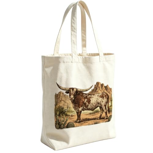 VICBOU Western Cow Skull Canvas Tote Bag for Women Girls, Cowgirl Shoulder Bag with Pocket for Beach Shopping Work - color: Longhorn