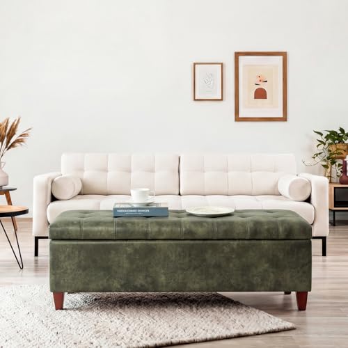 Joveco Storage Ottoman Bench, 51 Inch Tufted Leather Rectangle Bench for End Foot of Bed, Bedroom, Living Room, Deep Green - color: 51", Deep Green