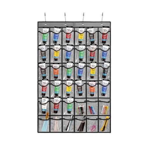 TEMUORG Hanging Acrylic Paint Tubes Organizer Over the Door Art Supplies Storage Markers 36 Pocket Holder for Pastels Crayons Brushes Tools (Grey) - color: Grey