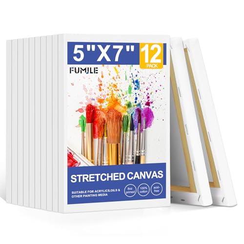 FUMILE 5x7 Canvas for Painting, 12 Pack Stretched Small Canvases for Painting-5/8 in Profile Primed White Blank Painting Canvas Value Pack for Oil & Acrylic Paint - size: 5x7 in