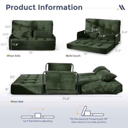 MAXYOYO Adjustable Folding Sofa Bed Couch with 2 Pillows, Dark Green - color: Dark Green