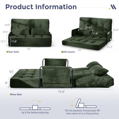 MAXYOYO Adjustable Folding Sofa Bed Couch with 2 Pillows, Dark Green - color: Dark Green