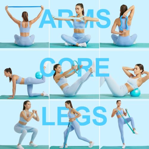 Home Pilates Ring and Ball Set for Women with 5 Resistance Bands 13 inch Magic Circle Workout Starter Kit for Beginners Full Body Toning 15 Min Daily Routine - color: Blue