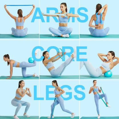 Home Pilates Ring and Ball Set for Women with 5 Resistance Bands 13 inch Magic Circle Workout Starter Kit for Beginners Full Body Toning 15 Min Daily Routine - color: Blue