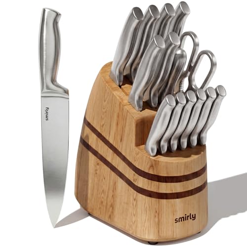 SMIRLY 15 Piece Knife Set with Block for Kitchen - Stainless Steel Knives | Heavy Duty Knife Block with Sharpener Rod, High Carbon Stainless Steel Knives, Dishwasher Safe, Ergonomic Handle