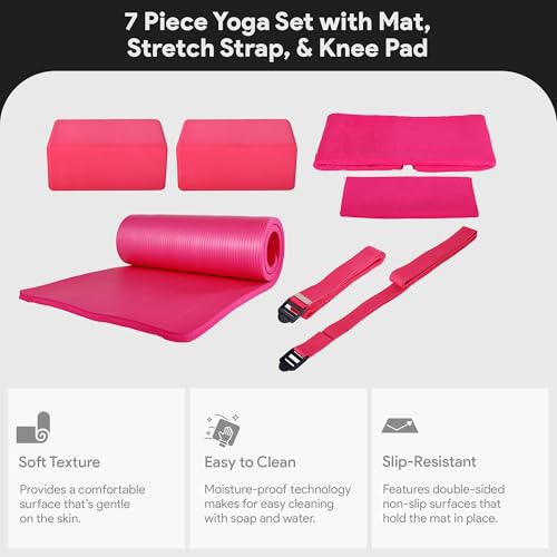 BalanceFrom 7-Piece Yoga Set with 71x24x1 Inches Extra Thick Mat and Carrying Sling – Includes 2 Blocks, Stretch Strap, 2 Towels, and Knee Pad for Home, Studio, and Gym Workouts - color: Pink