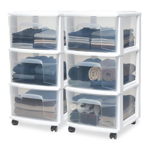 HOMZ Drawer Tower 3-Tier Storage Cart, Removable Wheels, White Frame,2 Pack | Plastic Organizer with Clear Bin Drawers for Bedrooms, Bathrooms, Home Offices, and Dorm Rooms - color: White, size: 2 Pack