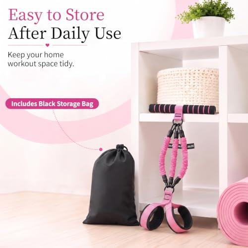 3-Tube Pedal Resistance Band with Handles, 90lbs Peak Resistance | Nylon-covered straps prevent snap injury. Padded pedals & non-slip grips ensure comfortable full body exercises. Beginner gym - color: Pink