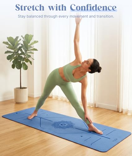 ROMIX Pro Yoga Mat With Alignment Lines, 6Mm Thick Non-Slip Exercise Mat | 72 x 24 In TPE Large Pilates Mat For Home Workout, Stretching, Training, Meditation, Carry Bag Included For Women And Men - color: Blue