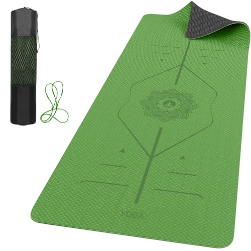 ROMIX Pro Yoga Mat With Alignment Lines, 6Mm Thick Non-Slip Exercise Mat | 72 x 24 In TPE Large Pilates Mat For Home Workout, Stretching, Training, Meditation, Carry Bag Included For Women And Men - color: Green