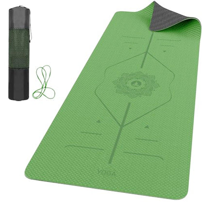 ROMIX Pro Yoga Mat With Alignment Lines, 6Mm Thick Non-Slip Exercise Mat | 72 x 24 In TPE Large Pilates Mat For Home Workout, Stretching, Training, Meditation, Carry Bag Included For Women And Men - color: Green