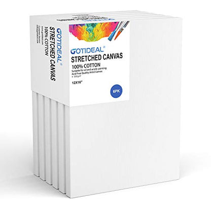 GOTIDEAL Stretched Canvas, 12x16 Inch Set of 6, Primed White - 100% Cotton Artist Canvas Boards for Painting, Acrylic Pouring, Oil Paint Dry & Wet Art Media | 100% Cotton Artist Canvas Boards for Painting, Acrylic Pouring, Oil Paint Dry & Wet Art Media -
