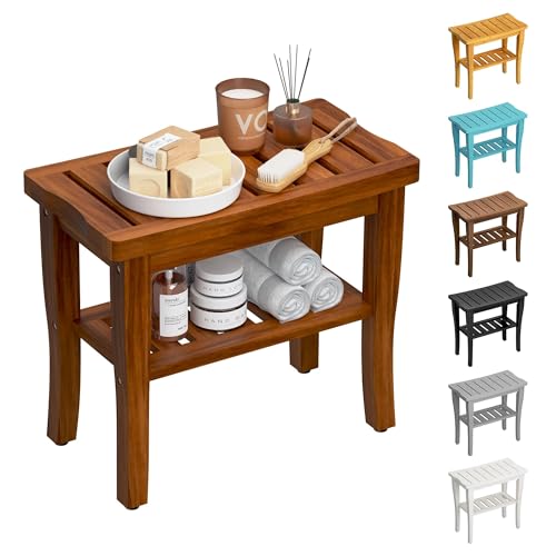 Teak Shower Bench Stool with Storage Shelf, Waterproof Shower Chair Spa Bath Seat, Shower Stool for Inside Shower, Bathroom Bench Seat for Adults Elderly Seniors for Indoor or Outdoor Use - color: Teak