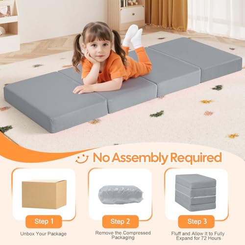 MeMoreCool Kids Folding Mattress 63x26 Trifold Floor Mat, Light Grey - color: Light Grey