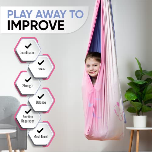 Compression Sensory Swing Adult & Kids, Indoor Outdoor Pod, Holds 300lb | indoor sensory swing for kids, outdoor sensory swing indoor, sensory swing kids, sensory toys, 360 swivel hammock swing - color: Pink and Purple Design