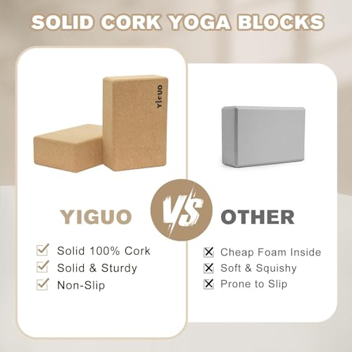 YIGUO 2 Pack Cork Yoga Blocks | Natural Eco-Friendly High Density Non-Slip Yoga Blocks for Women & Men | 9x6x3 Inches for Yoga, Pilates, Stretching