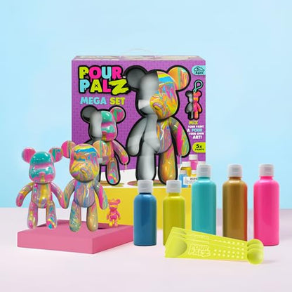 Pour Palz DIY Paint Pouring Kit, Create Custom Art with XL & Standard & Keychain Figure, 5 Acrylic Pour Paints -Fun Creative Hobby for Kids & Adults, Unique Collectible Craft Set, Mega Pack, Ages 5+ - color: Mega Pack