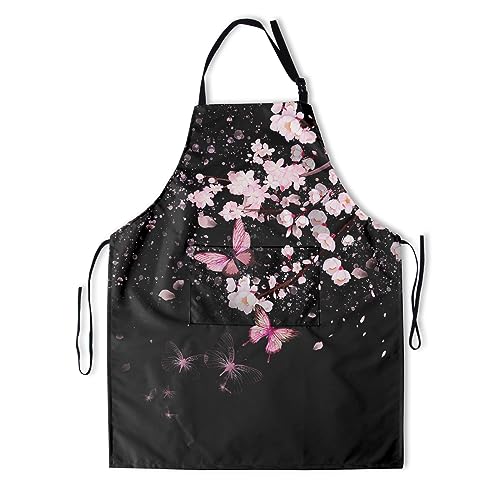 Art Apron with Pocket for Women Men | Kitchen Aprons Chef Apron for Cooking Baking BBQ Painting Gardening - color: Cherry Blossom With Butterflies