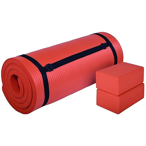 BalanceFrom 71x24 Inches Yoga Mat with Knee Pad and Optional Blocks – Extra 1-Inch Thick Non-Slip Foam with Anti-Tear Surface and Carrying Strap for Home, Studio, or Gym Workouts - color: Red, style: Mat & Knee Pad & Yoga Blocks